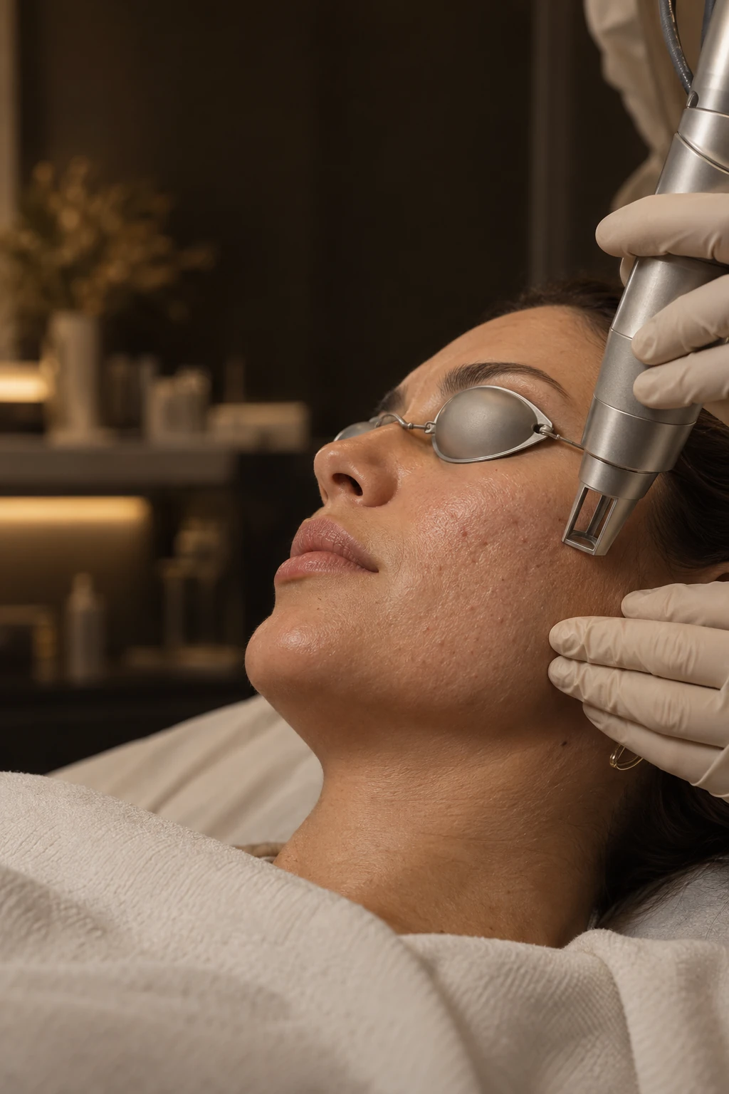 Cena ilustrativa de aplicação facial de laser por profissional com luvas e proteção ocular na paciente.
